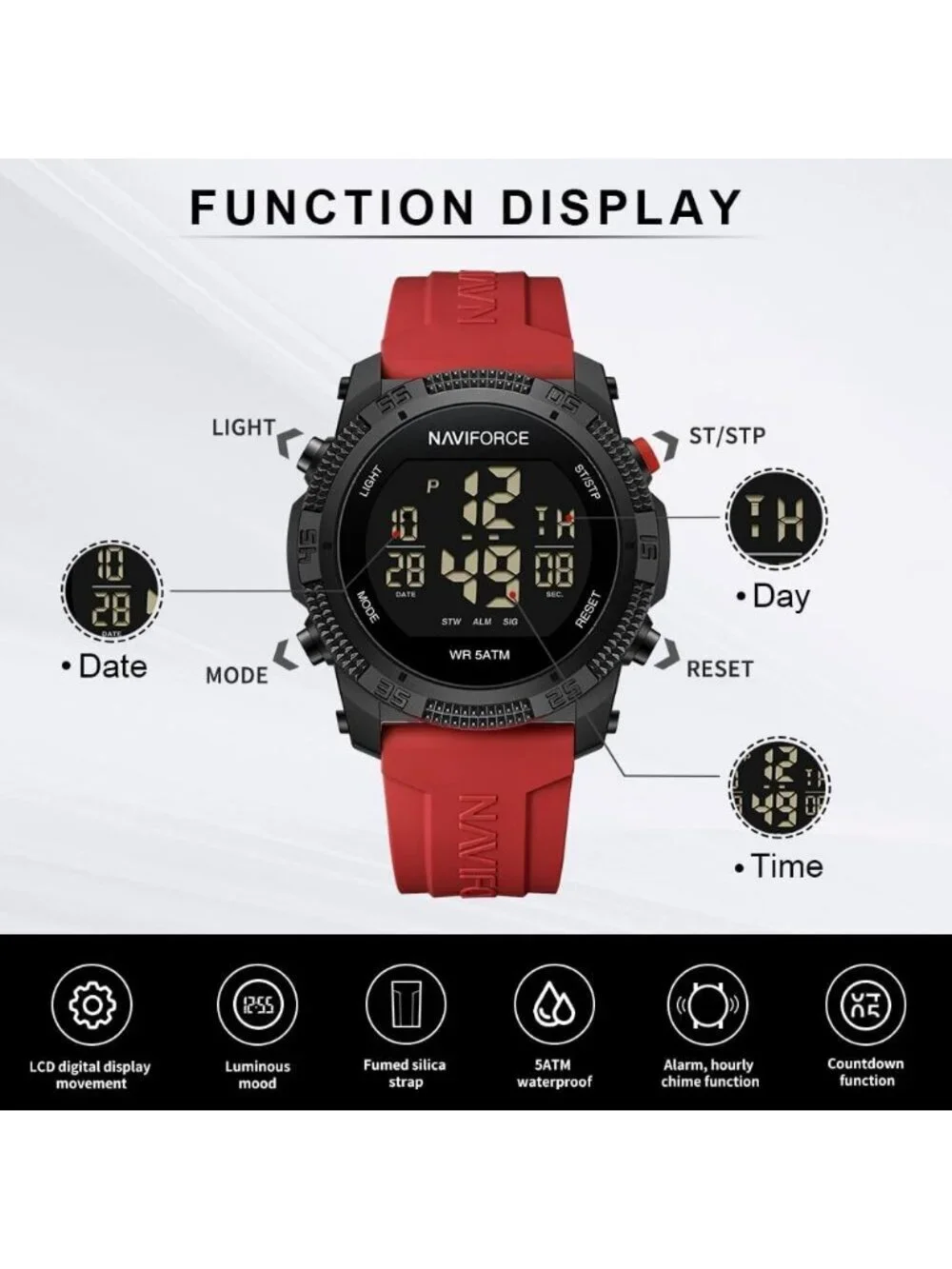 Unisex Black Red Analog Quartz Rubber Strap Sport Waterproof Digital Wrist Watch
